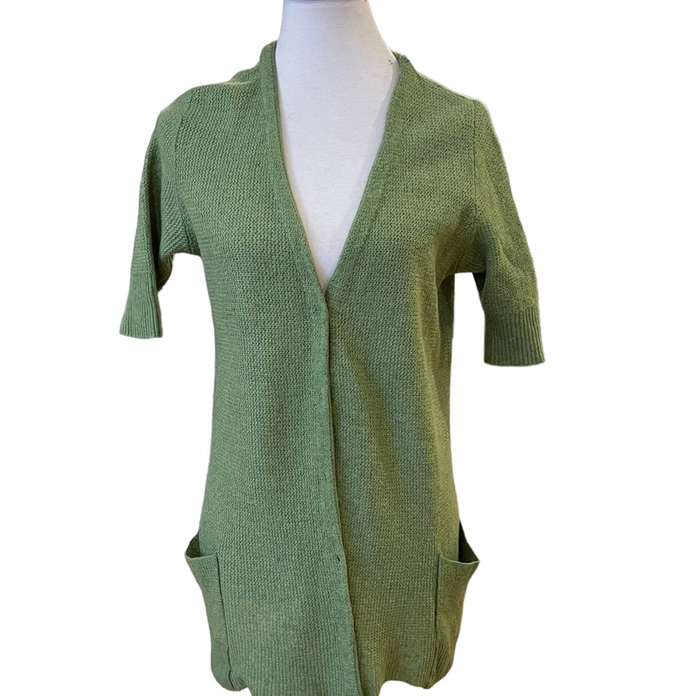 Eileen Fisher short sleeve olive green long cardigan Sz L